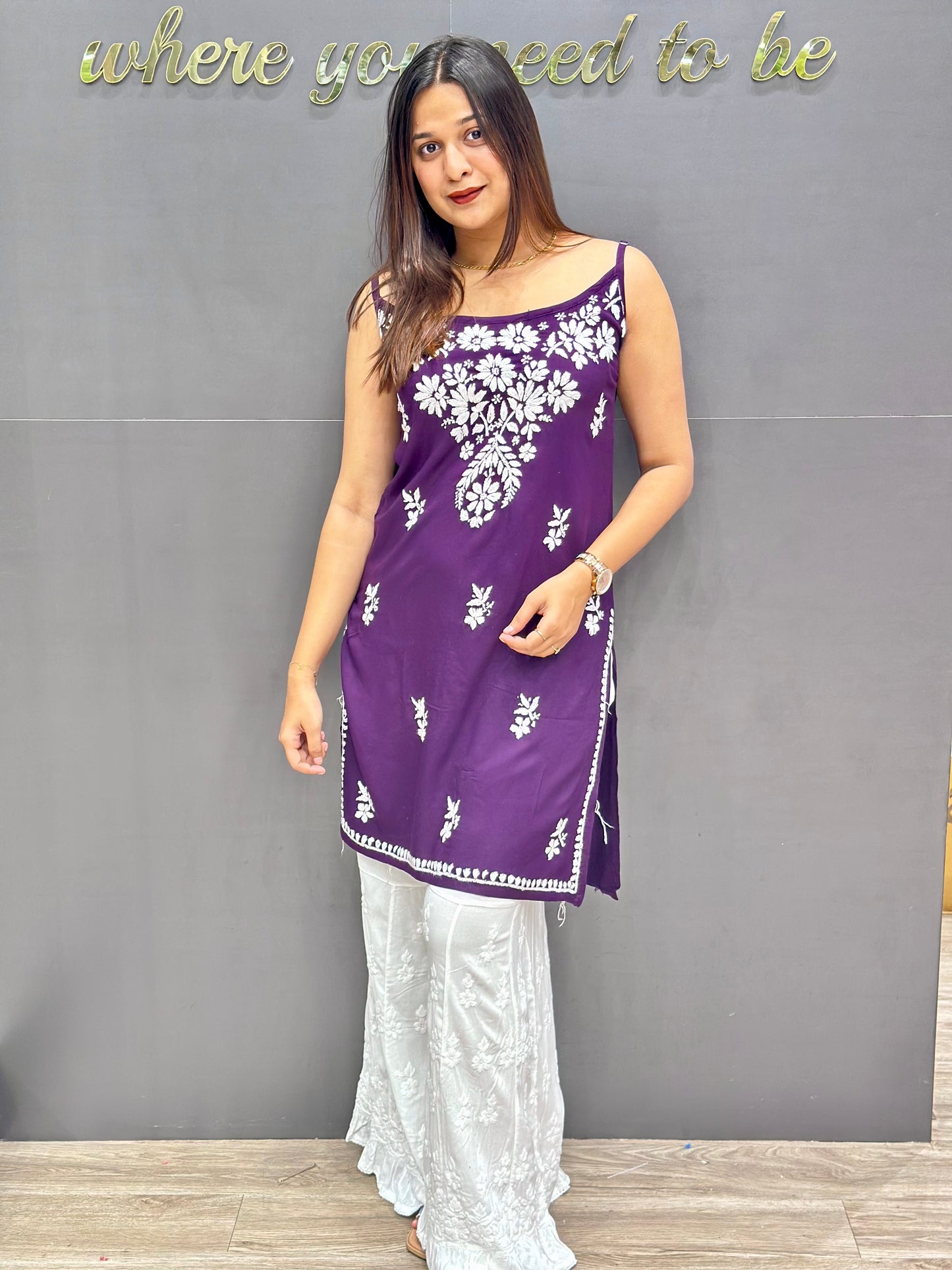 Pure Rayon Spaghetti Lucknowi Top (Purple)