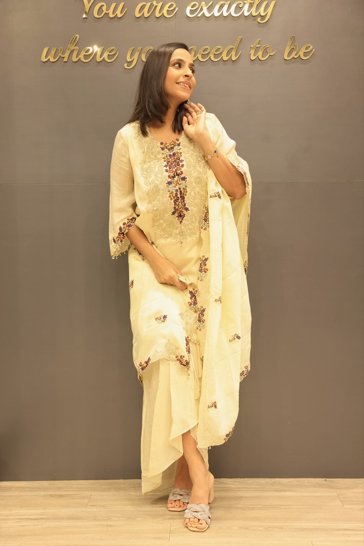 Cream Kurta with Drape Skirt Set