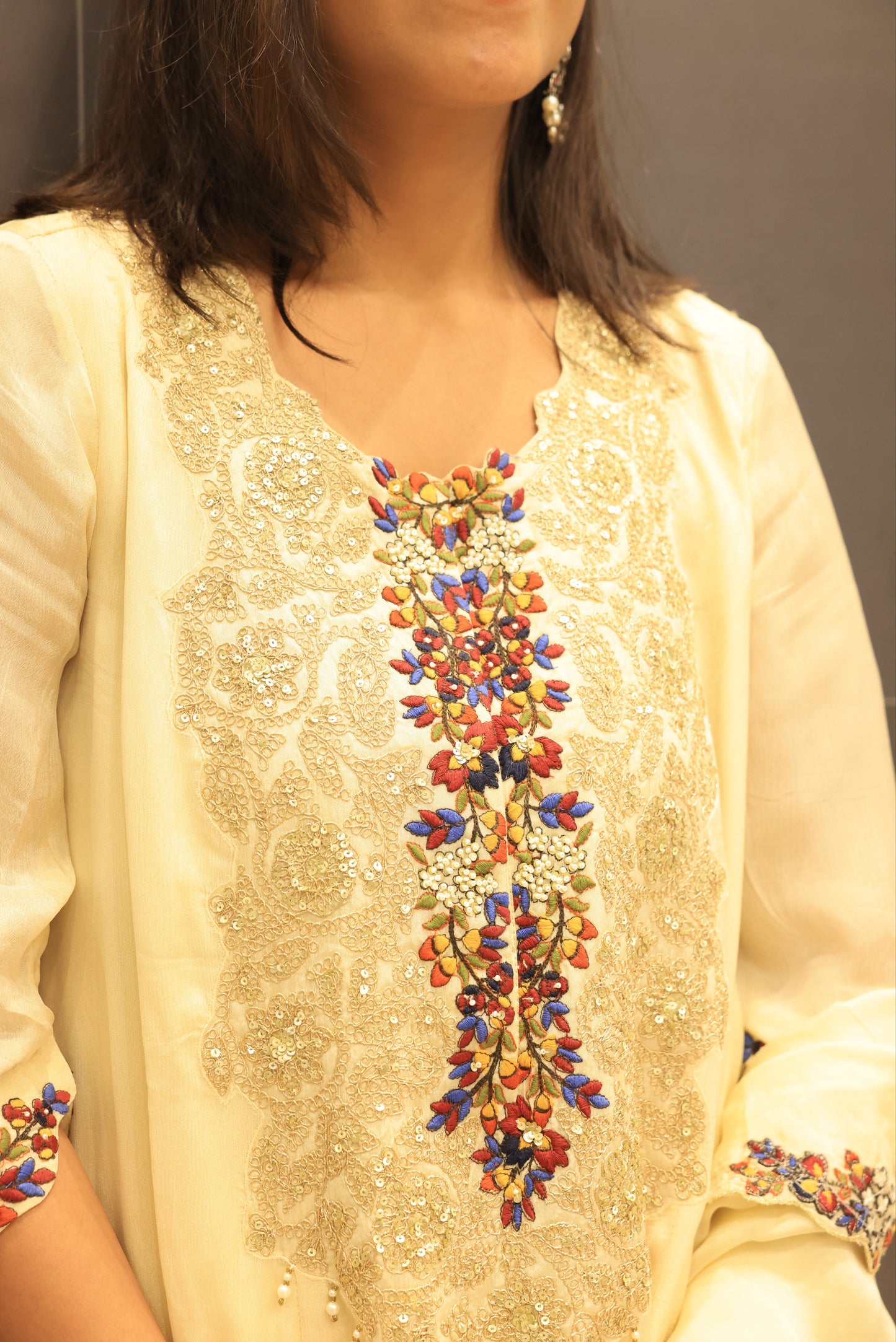 Cream Kurta with Drape Skirt Set