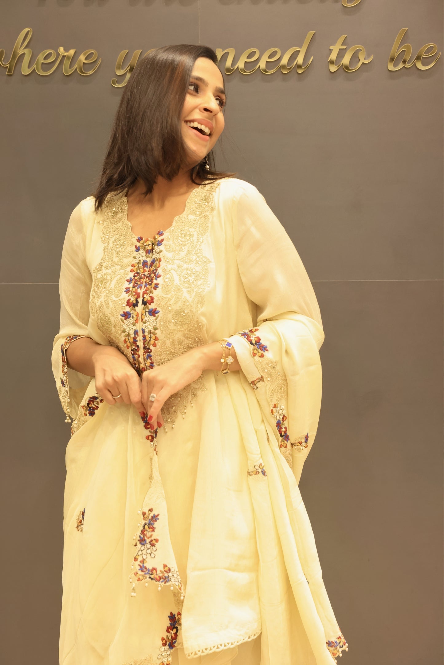 Cream Kurta with Drape Skirt Set